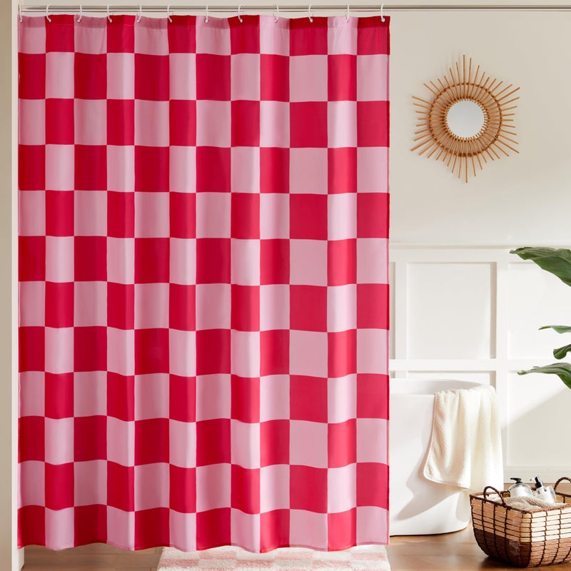 Zasłona prysznicowa w szachownicę do łazienki, zasłona prysznicowa w stylu retro, zasłona prysznicowa do łazienki, 180*180 cm, różowo-czerwona