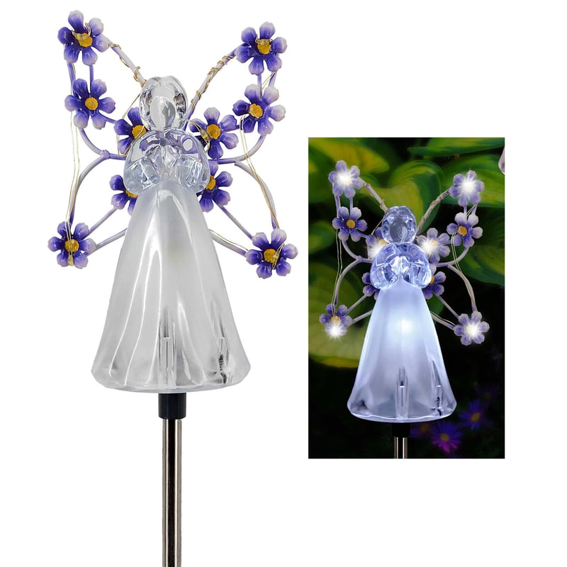 Fioletowa lampa solarna anioł na cmentarz - 7 LED, wodoodporna dekoracja pogrzebowa, energia słoneczna, do trawnika, grobu, ogrodu, patio