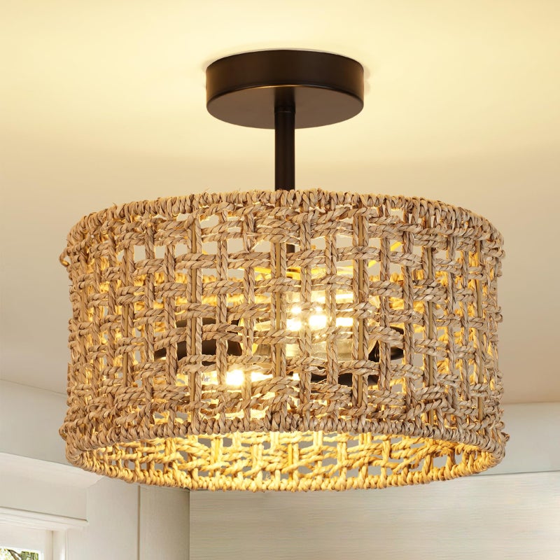 Wpuszczana rattanowa lampa sufitowa w stylu boho, rustykalny żyrandol, idealny do korytarzy i wejść (żarówka nie jest dołączona).