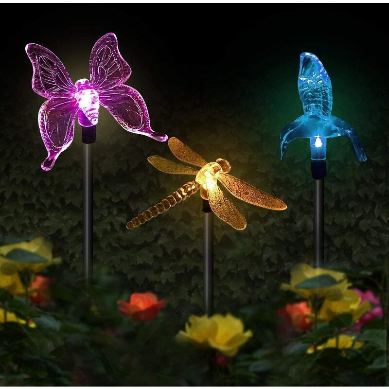 Zestaw 3 solarnych lamp ogrodowych w kształcie motyla, kolibra, ważki, zasilane energią słoneczną LED, wielokolorowe