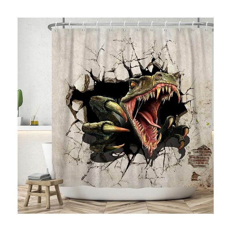 Zabawna zasłona prysznicowa 180x180 cm, zabawna zasłona ścienna z motywem dinozaura w stylu vintage, zmywalna, wodoodporna, tekstylna, do wanny, z 12