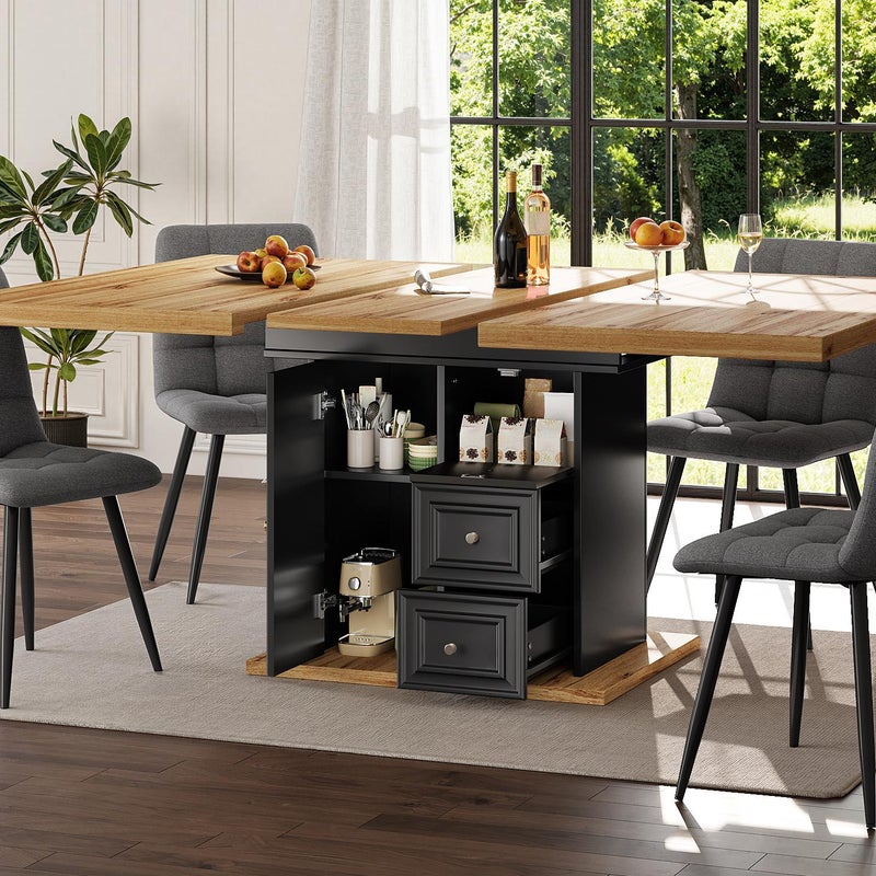 Rozkładany stół jadalny 110/140x80x75 cm - 6 miejsc - 1 drzwi - 2 szuflady - MDF + metal - czarny