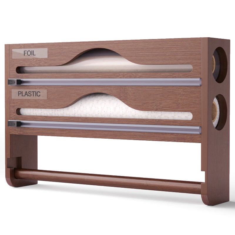 2-poziomowy bambusowy podajnik folii spożywczej z uchwytem na ręcznik papierowy i aluminiowym schowkiem, brązowy