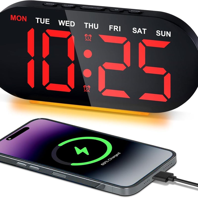 Cyfrowy budzik z lampką nocną, 7 cali, 3 poziomy ściemniania, funkcja drzemki, ładowanie przez USB, data, temperatura, podwójny alarm (czerwony)