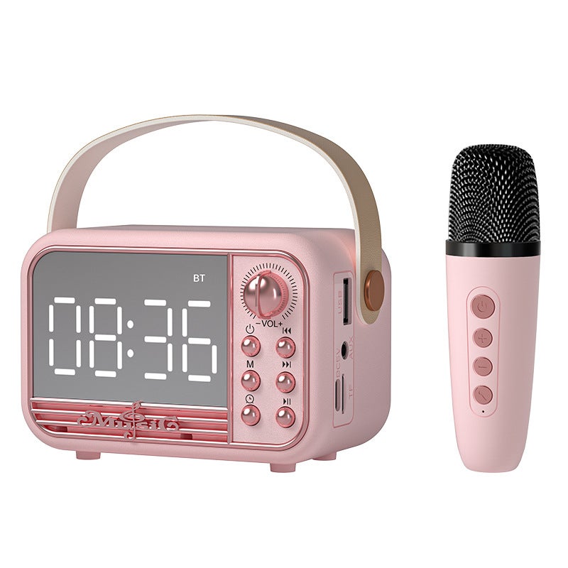 Retro głośnik Bluetooth z budzikiem, wysoka głośność, kompatybilny z kartą TF, pamięcią USB, AUX i mikrofonem (różowy)