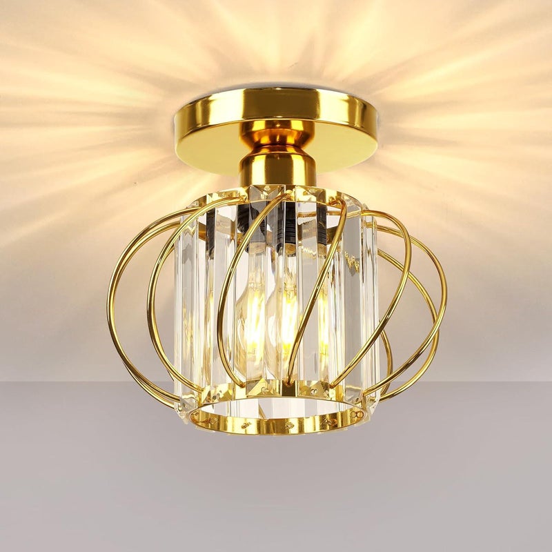 Złota Lampa Sufitowa Mini Żyrandol Kryształowy, Nowoczesna Metalowa Okrągła Lampa Sufitowa z Abażurem E27 do Sypialni, Salonu, Kuchni, Korytarza
