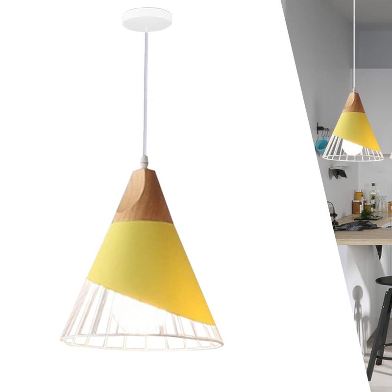 Nowoczesna lampa wisząca przemysłowa z metalu i drewna (żółta) ze źródłem światła, żyrandol, kinkiet E27, regulowana wysokość, ciepłe białe światło