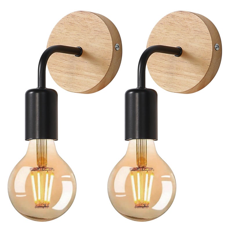 2 sztuki drewnianych lamp ściennych, industrialne kinkiety wewnętrzne, oprawa E27 Vintage do sypialni, salonu, korytarza, restauracji, czarne
