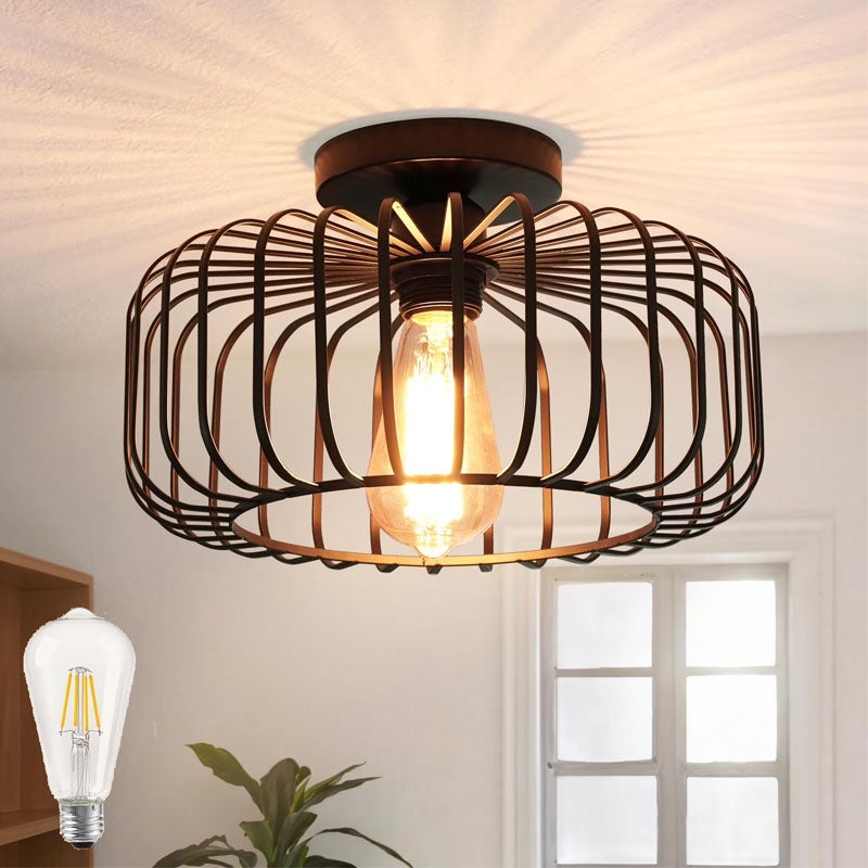 Przemysłowa lampa sufitowa pół-wpuszczana z ciepłym światłem - metalowa klatka, design latarni, korytarz i wejście