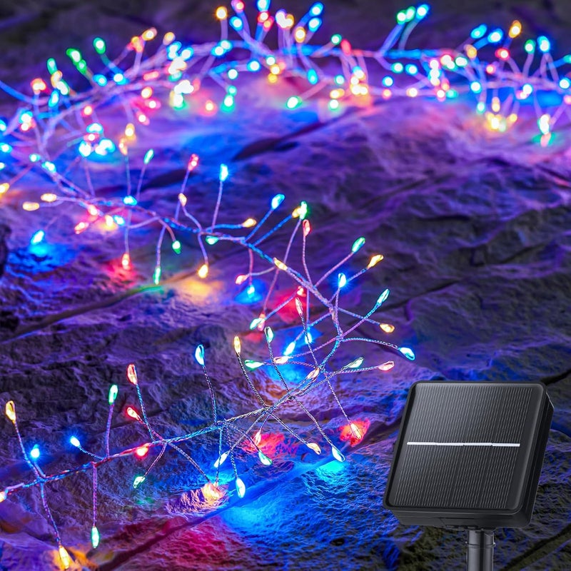 Lampki solarne, dekoracyjne oświetlenie zewnętrzne w kształcie petard, długość 6 metrów, 200 diod LED (kolorowe).