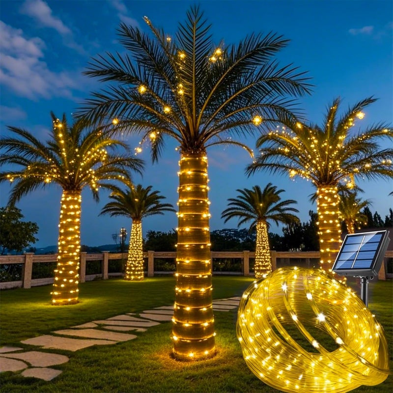 Zewnętrzne lampki solarne, 12 m, 100 diod LED, 8 trybów, wodoodporne, dekoracja ogrodu, patio, balkonu (ciepła biel)