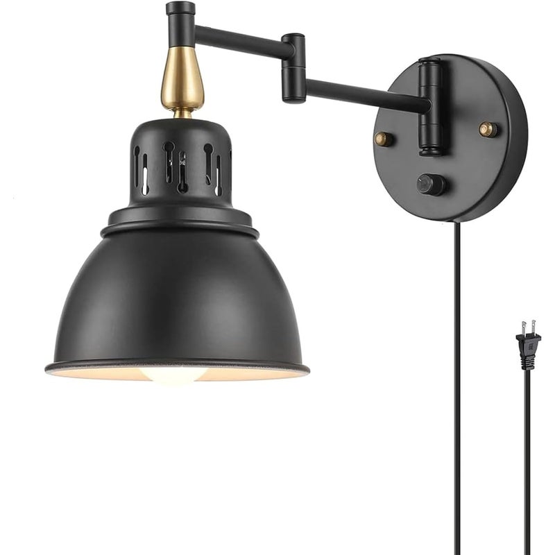 Ściemnialny kinkiet ścienny z ramieniem przegubowym i przewodem zasilającym, styl industrialny, gniazdo E26, certyfikat UL (1 sztuka)