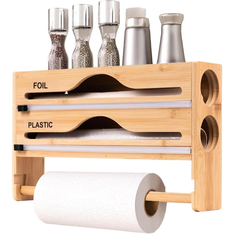 Dwupoziomowy bambusowy dozownik folii spożywczej z uchwytem na ręcznik papierowy i aluminiowym schowkiem, beżowy