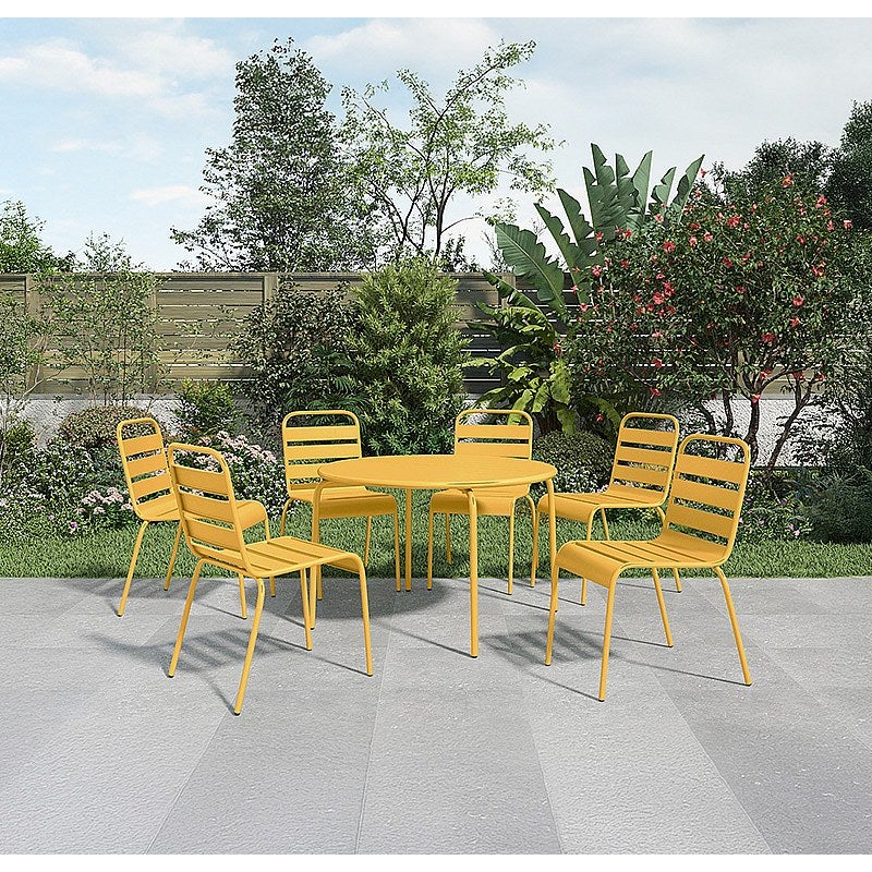 Metalowy zestaw jadalniany ogrodowy - okrągły stół śr.130cm i 6 składanych krzeseł - Musztardowy żółty - MIRMANDE od MYLIA
