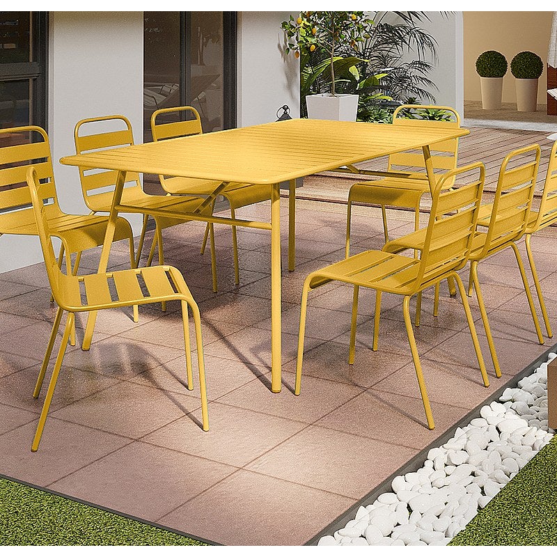 Metalowy zestaw mebli ogrodowych - stół dł. 200 cm i 8 krzeseł sztaplowanych - Musztardowy żółty - MIRMANDE od MYLIA