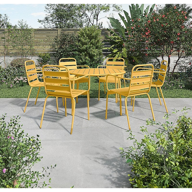 Metalowy zestaw ogrodowy - okrągły stół o śr. 130 cm i 6 składanych foteli - Musztardowy żółty - MIRMANDE od MYLIA