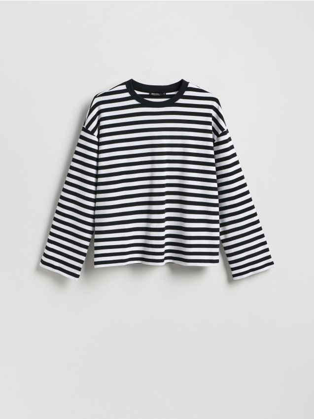 Reserved - Bawełniany longsleeve w paski - czarny