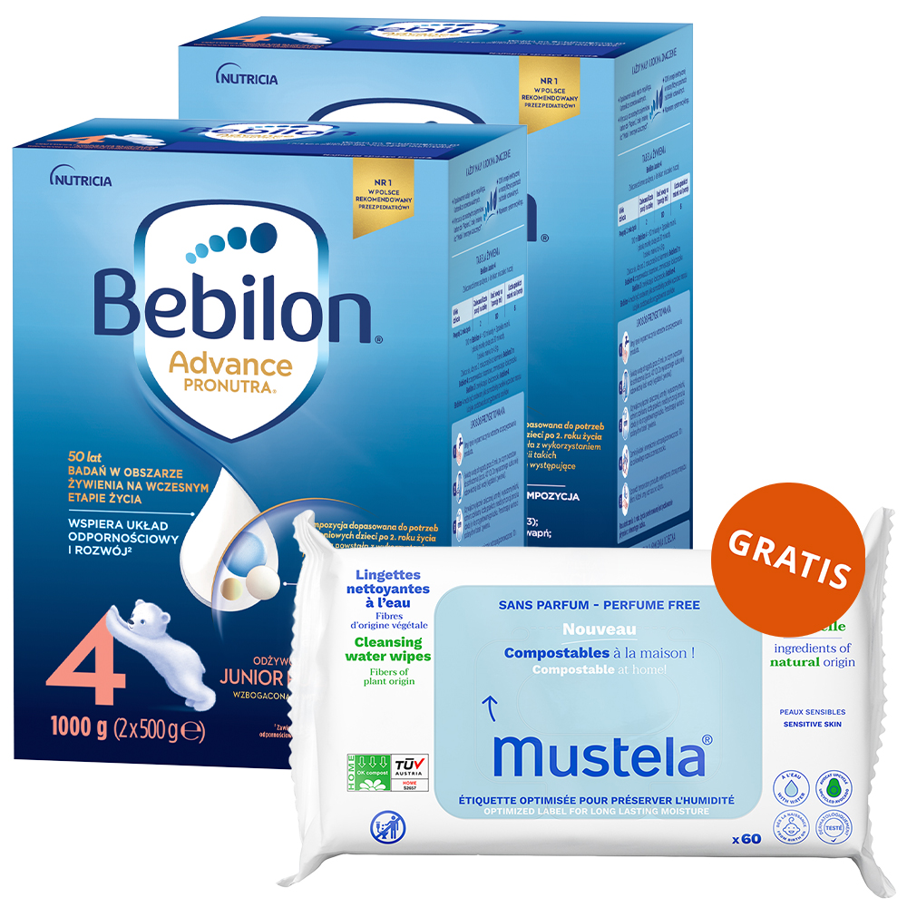 Zestaw Bebilon Advance Pronutra 4 Junior, odżywcza formuła na bazie mleka, po 2 roku, 2 x 1000 g + Mustela, chusteczki oczyszczające, 60 sztuk gratis