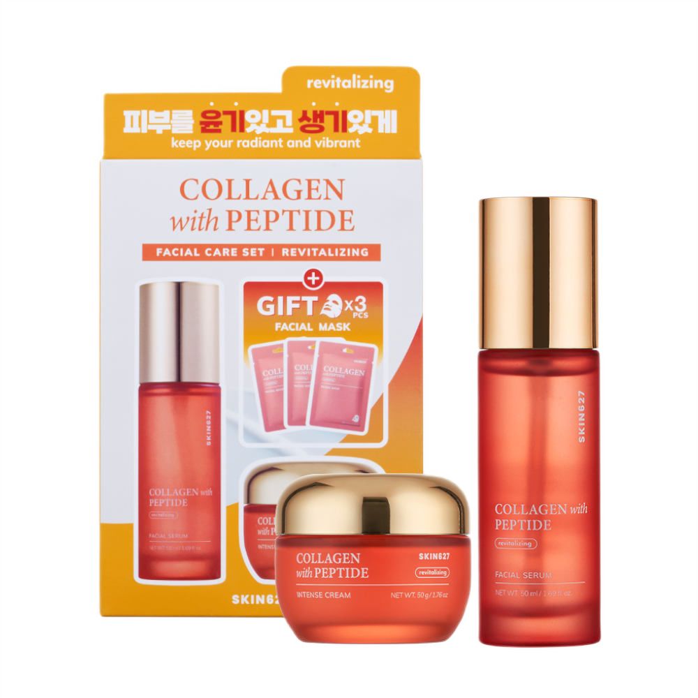 SKIN627 SET Collagen With Peptide serum do twarzy 50ml + krem do twarzy 50g + maseczki do twarzy 3x22ml