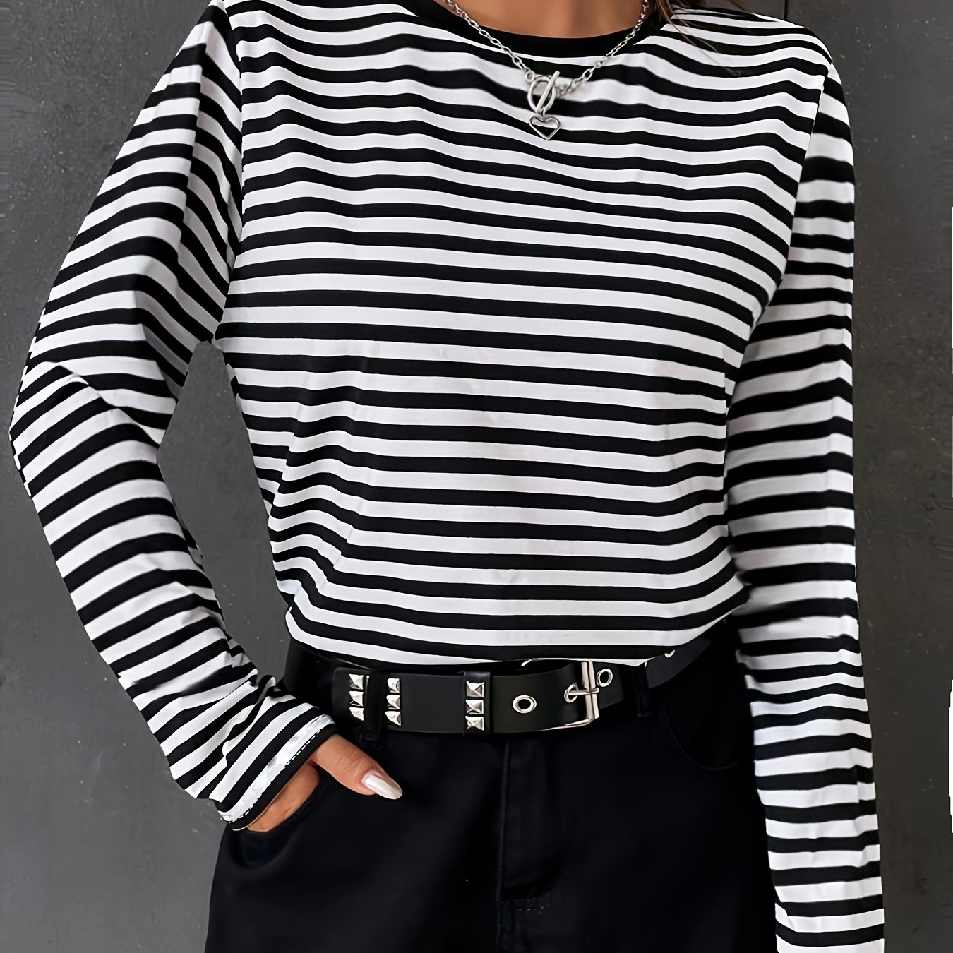 TEMU Codzienna koszulka z długim rękawem w paski, kolorowy design blockowy, idealna na wiosnę i jesień, dla kobiet