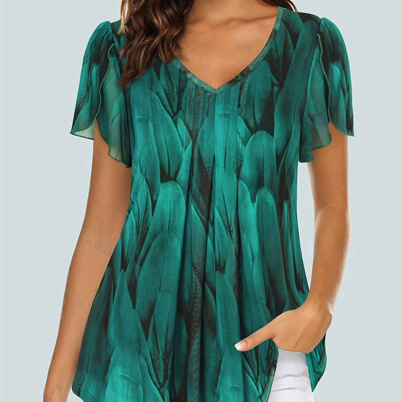 TEMU Damskie bluzki z krótkim rękawem, codzienne bluzki z dekoltem w serek, dwuwarstwowe tiulowe tuniki z siateczki