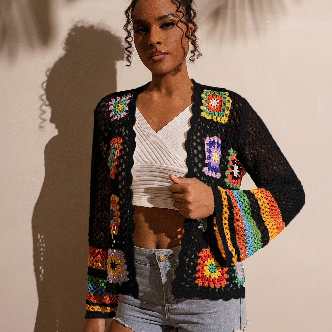 TEMU Modny damski kardigan kimono na szydełku w kwiatowy wzór z kolorowymi ażurowymi długimi rękawami 2025
