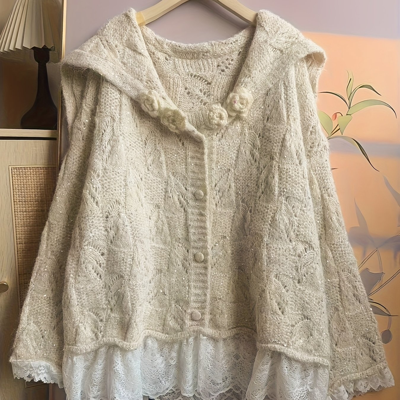 TEMU Elegancki sweter w stylu europejskim Premium 2025 z patchworkową koronką i dekoltem w serek, wyrafinowany stylu szala, który podkreśla sylwetkę