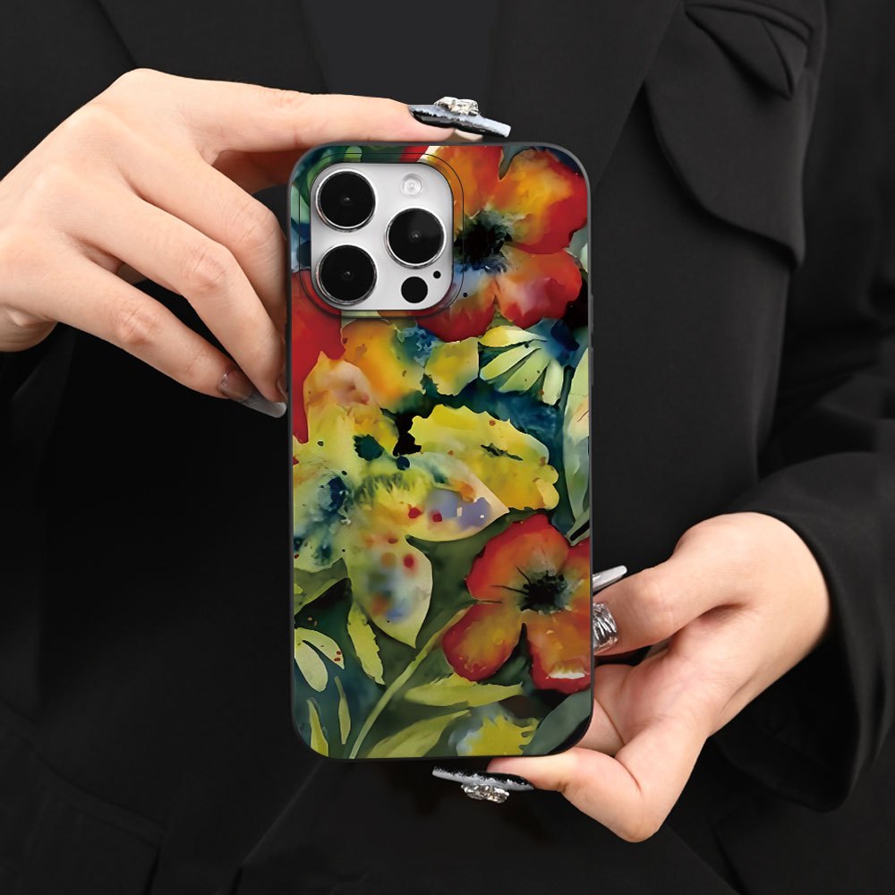 TEMU Etui na telefon - To stylowe etui na telefon wyposażone jest w akwarelowy wzór z czerwonymi i żółtymi kwiatami z zielonymi liśćmi, zapewniając