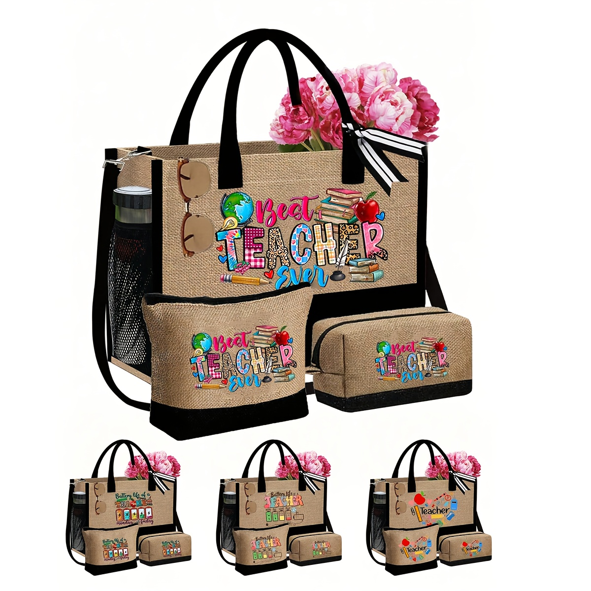 TEMU Torba nauczycielska z paskiem na ramię, kosmetyczka, przenośna torba boczne kieszenie, torby na zakupy wielokrotnego użytku, codzienny użytek,