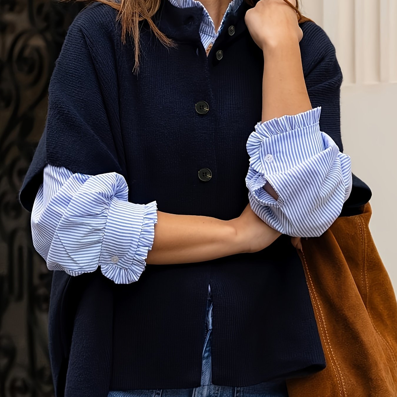 TEMU Elegancki kardigan damski w jednolitym kolorze z mankietami - sweter w stylu vintage z rozcięciem na plecach, zapinany na guziki, warstwowy top,