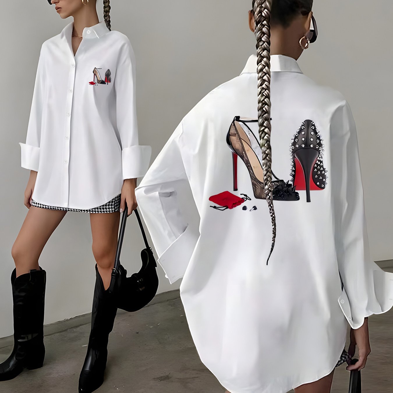 TEMU Bluzka Damska Elegancka z Długim Rękawem - Luźny Krój, Geometryczne Wzory, Styl, Uniwersalna Koszula na Każdą Porę Roku, Bluzki dla Kobiet,