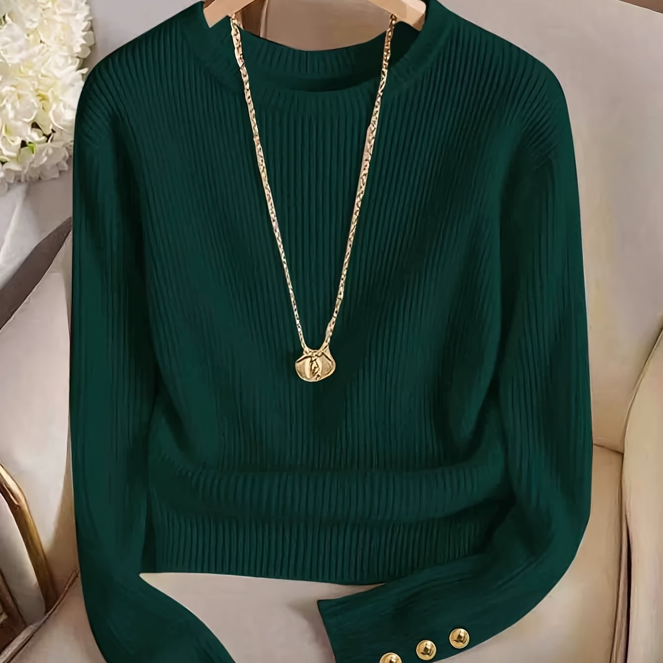 TEMU Damska Elegancka Bluzka z Długim Rękawem, Okrągły Dekolt, Metalowe Guziki, Prosty Fason, Wiosna/Jesień, Vintage, Do Codziennego Noszenia, Biuro,