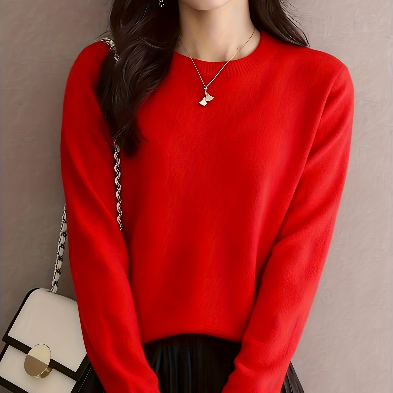 TEMU Elegancki sweter damski w jednolitym kolorze z okrągłym dekoltem Sezon wiosna/jesień, cienki top do warstwowania