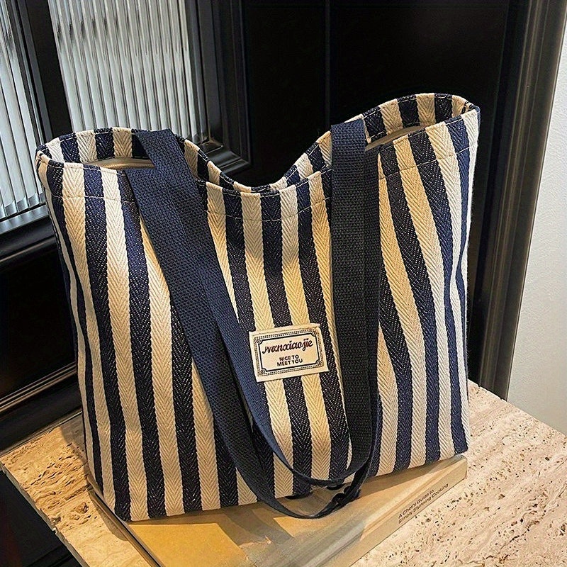 TEMU Damska Torba Tote o Dużej Pojemności Minimalistyczna Torba w Paski z Zamknięciem na Zamek Błyskawiczny, Wytrzymała Torba na Książki do Użytku