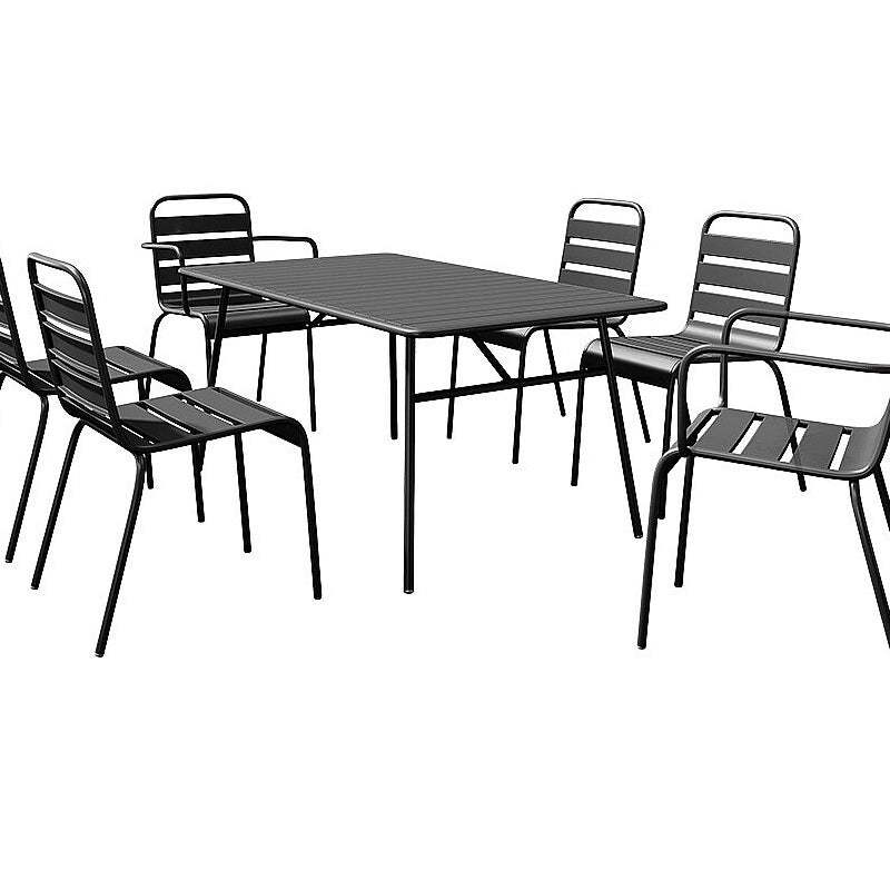 Zestaw mebli jadalnianych ogrodowych z metalu - stół o dł. 160 cm, 2 sztaplowane fotele i 4 sztaplowane krzesła - Czarny - MIRMANDE marki MYLIA