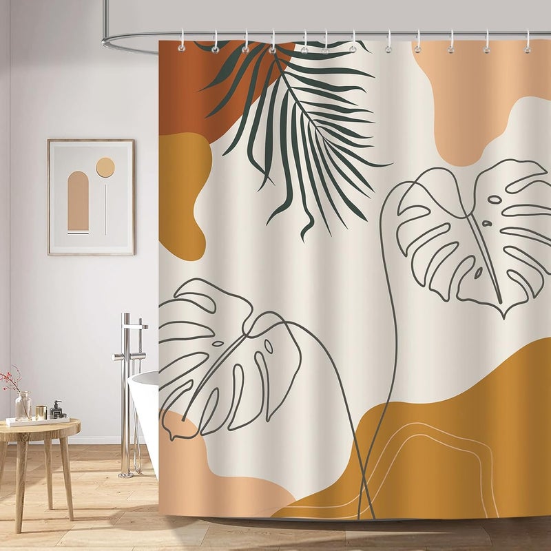 Zasłona prysznicowa z motywem liści boho w stylu mid-century abstract, tkanina poliestrowa, 180 x 180 cm, z 12 haczykami