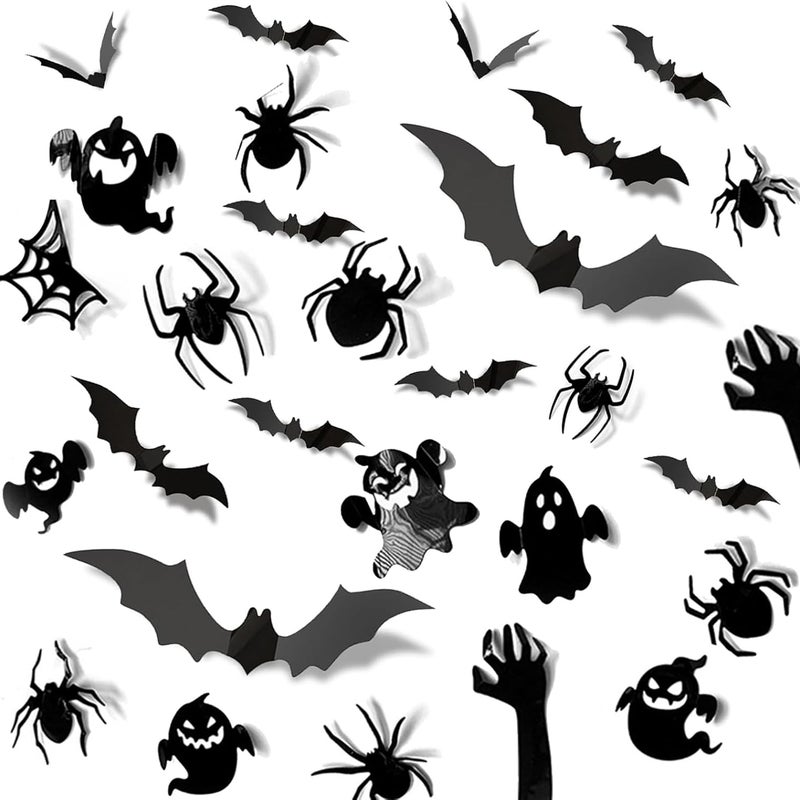 Naklejka ścienna 3D na Halloween (mieszanka nietoperzy, duchów i pająków)