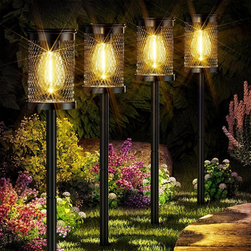 Zewnętrzne lampy solarne, zestaw 4 zewnętrznych lamp solarnych, wodoodporne, super jasne, z żarnikiem LED, lampy solarne ogrodowe