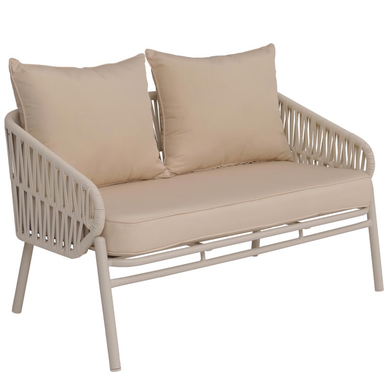 Ławka ogrodowa aluminiowa HWC-P90, sofa ogrodowa, ławka ogrodowa, plecionka linowa, tkanina/materiał (180 g/m²) ~ kremowa