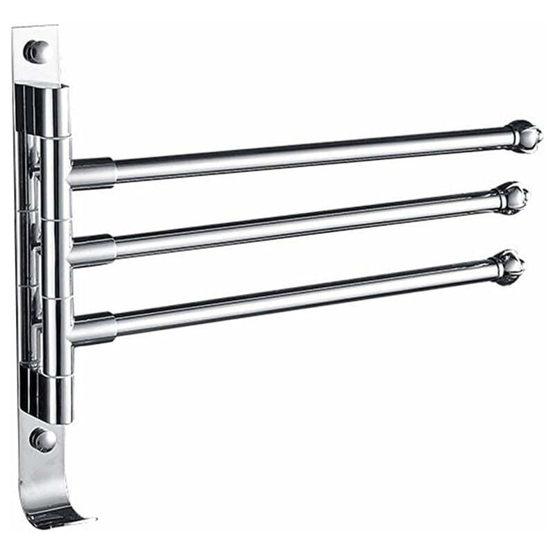 Obrotowy wieszak na ręczniki ze stali nierdzewnej, mocowany do ściany, 3 ramiona z antypoślizgowymi haczykami, srebrny, do łazienki i kuchni