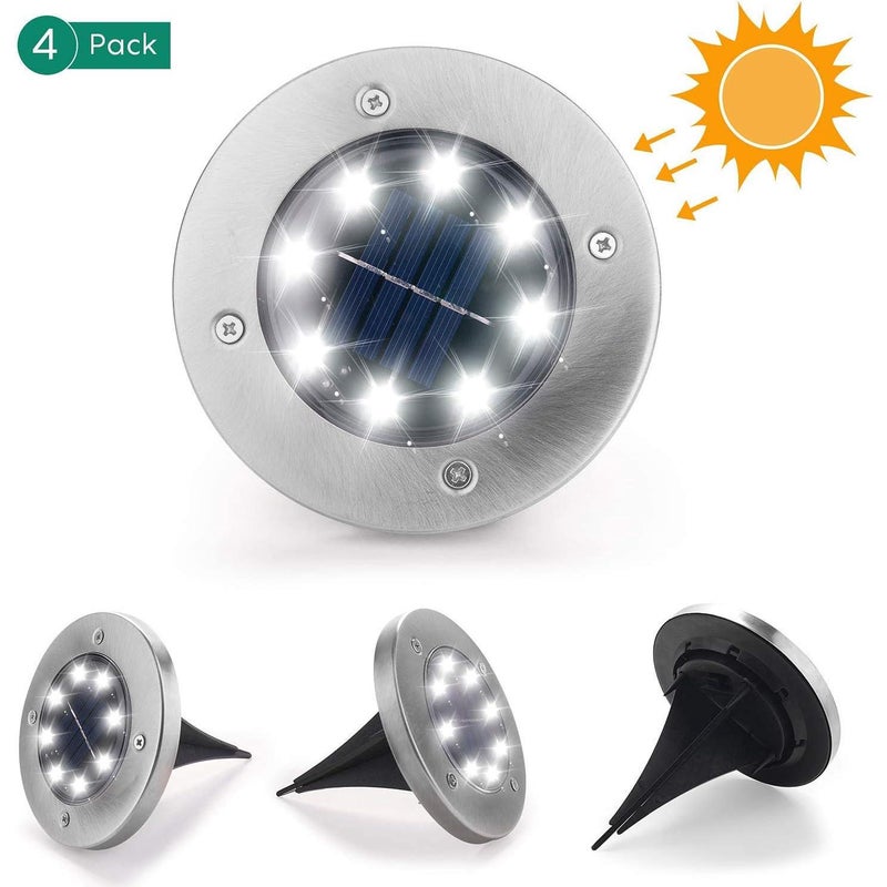 Zestaw 4 lamp solarnych podłogowych z 10 diodami LED, do ogrodu, na zewnątrz, IP65, wodoodporna lampa solarna zewnętrzna, zimna biel