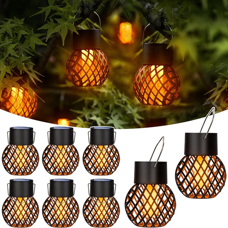 Zewnętrzne lampy solarne do ogrodu, zestaw 8 wiszących lamp solarnych z efektem migoczącego płomienia, wodoodporne