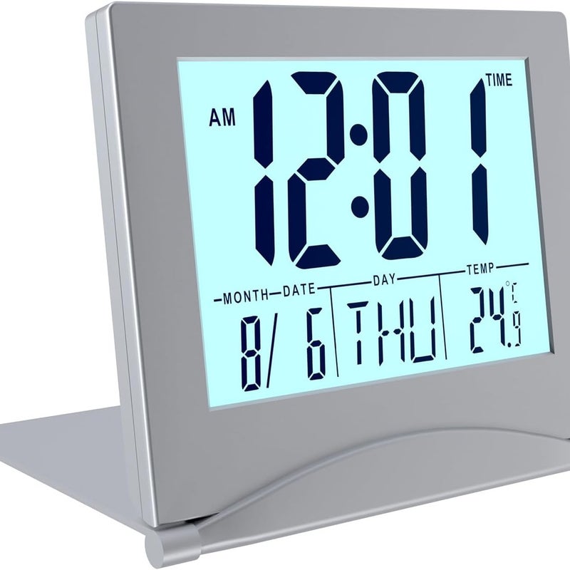 Składany budzik cyfrowy z podświetlanym ekranem LCD - Budzik biurkowy z wyświetlaniem daty, dnia i temperatury