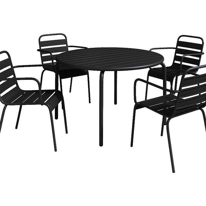Zestaw mebli jadalnianych ogrodowych z metalu - stół o śr. 110 cm i 4 sztaplowane fotele - Czarny - MIRMANDE marki MYLIA
