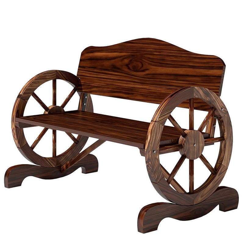 Ławka ogrodowa 2-osobowa z podłokietnikami na kółkach, rustykalna ławka zewnętrzna na patio lub werandę, drewno jodłowe, kolor brązowy