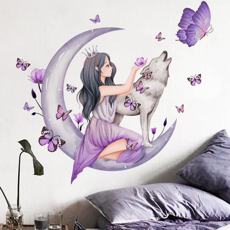 Naklejka Ścienna Księżyc Wilk Wróżka, 70*75 cm Naklejki Ścienne do Pokoju, Naklejki Ścienne Motyl Naklejka do Sypialni, Salonu, Pokoju