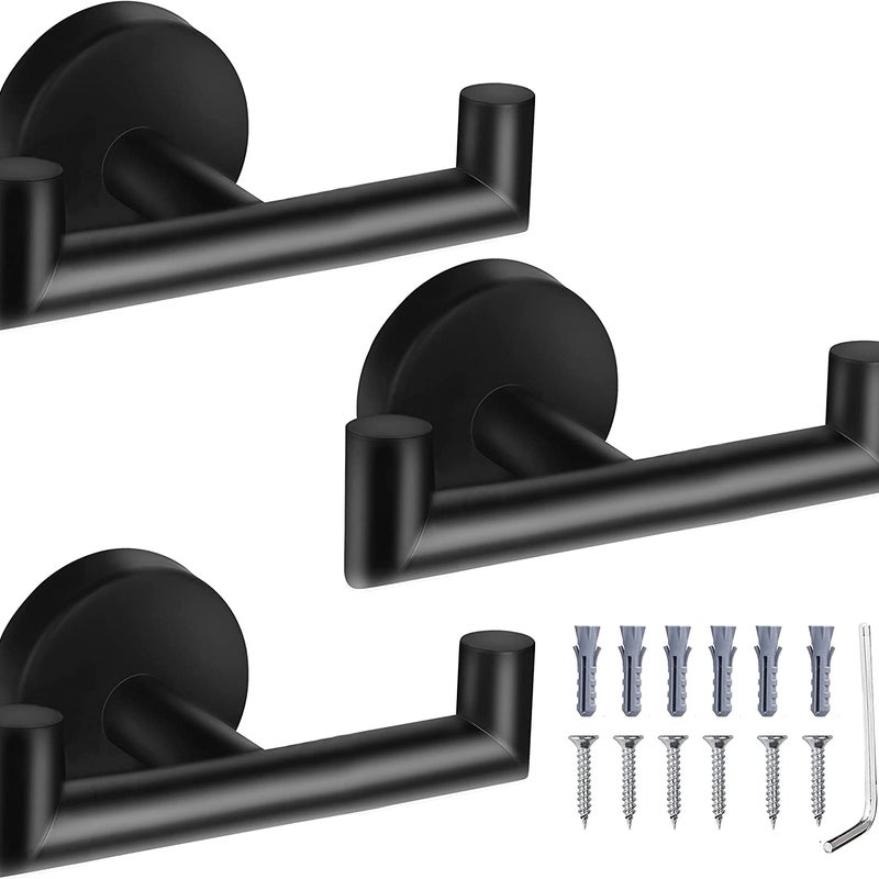 Zestaw 3 haczyków na ręczniki do łazienki podwójny haczyk ścienny haczyki na ręczniki haczyki na ręczniki do kuchni i łazienki, czarny