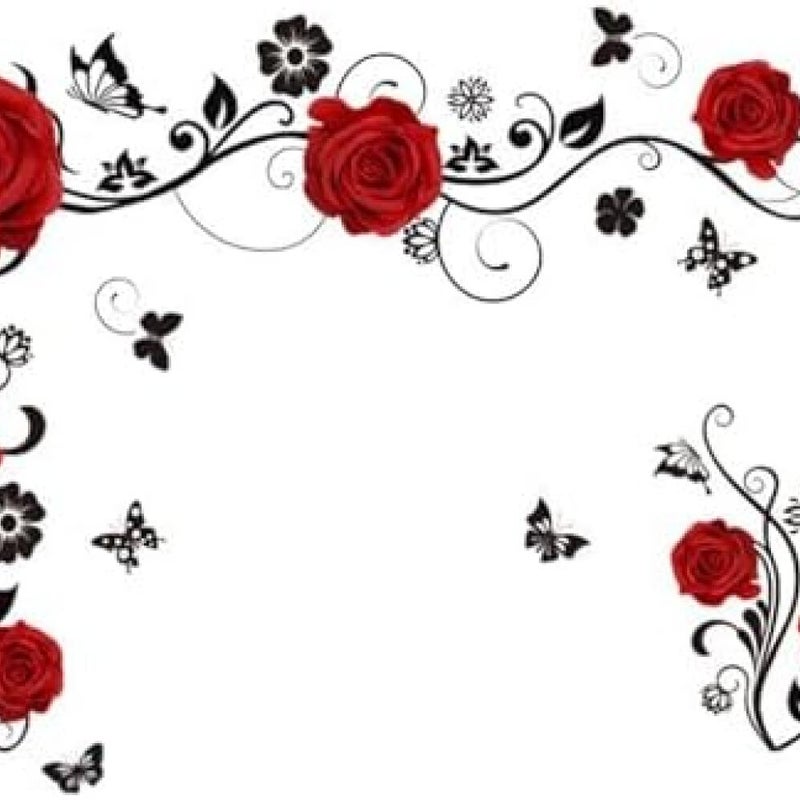 30 x 90 cm Naklejka ścienna z motywem czerwonych kwiatów, róż, winorośli i motyli do sypialni, kuchni, jako dekoracja ścienna, ślubna, walentynkowa