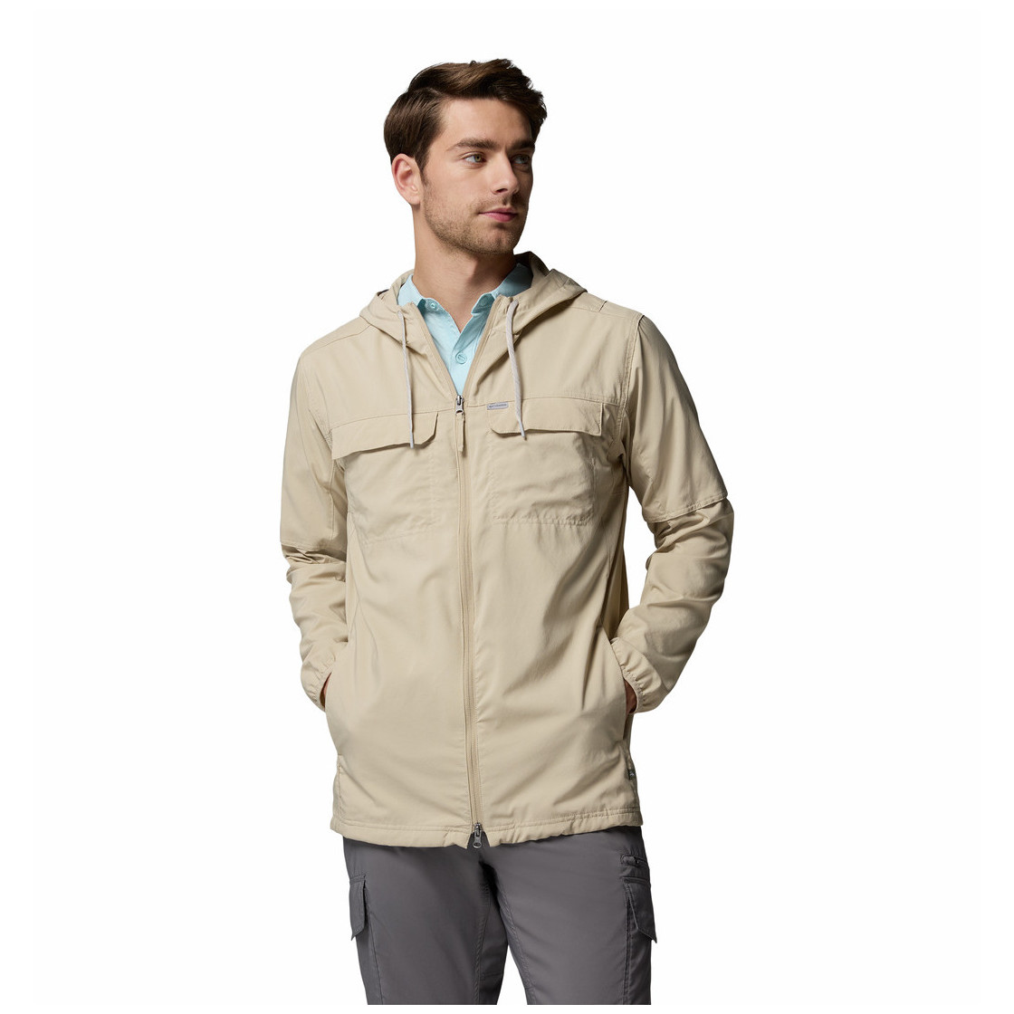 Męska wiatrówka Columbia Skien Valley™ Hooded Long sleeve Shirt Rozmiar: L / Kolor: beżowy/biały