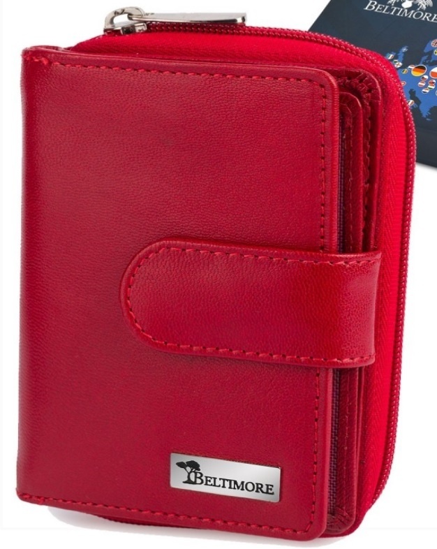 Damski Skórzany Portfel BELTIMORE Z Suwakiem Skóra Licowa Eleganckie Pudełko RFID BTM02 CZERWONY 13 x 10 [cm]